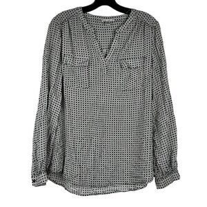 Dalia Collection Large Polka Dot V-neck Front Pocket Blouse Large